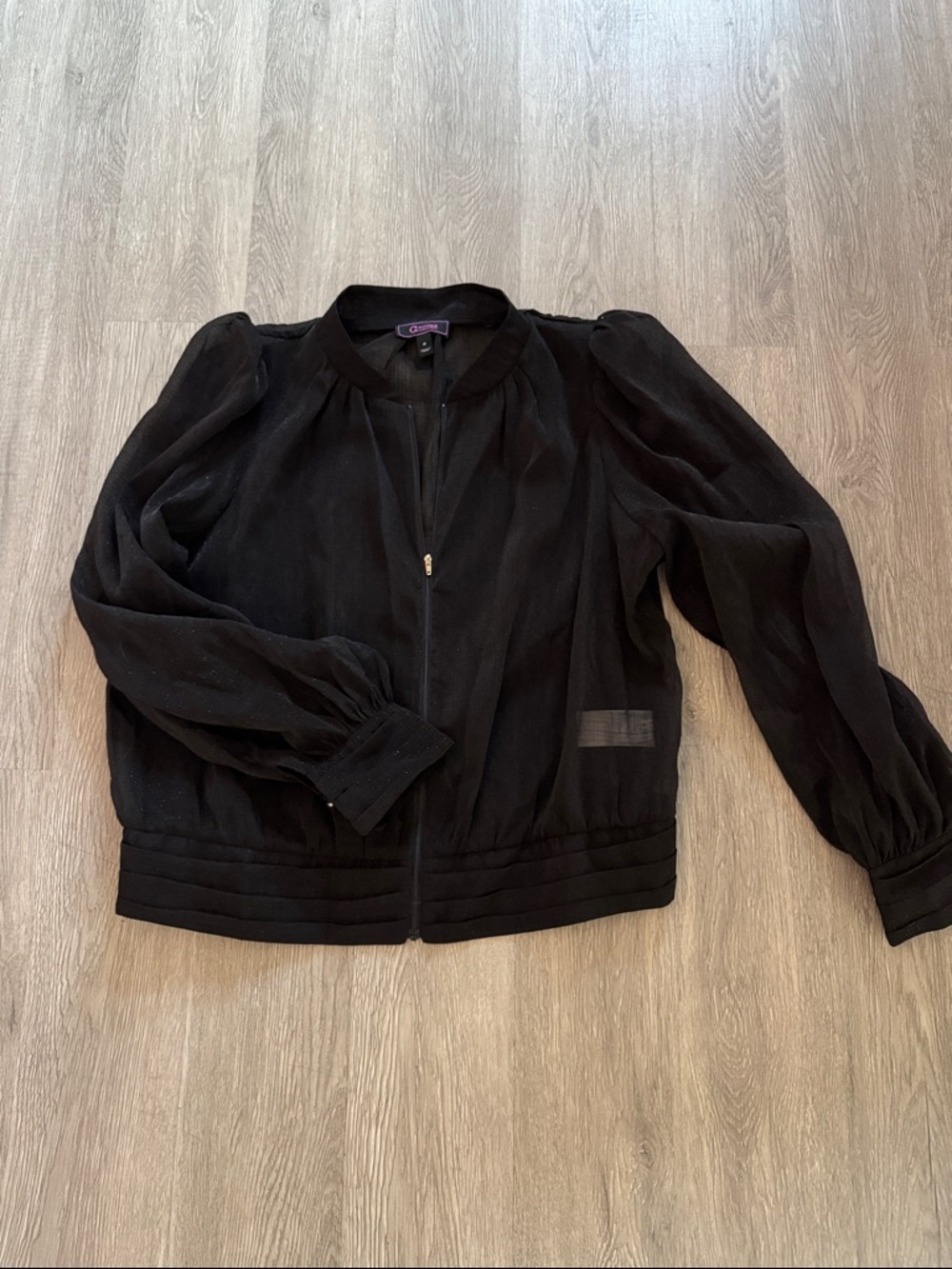 C. Wonder Black Sheer Puff-Sleeve Zip Bomber Jacket